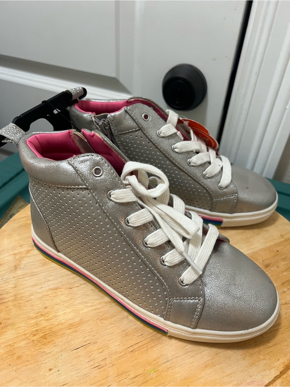 wonder nation Silver High-Top Sneakers with Pink Lining and Rainbow Trim
